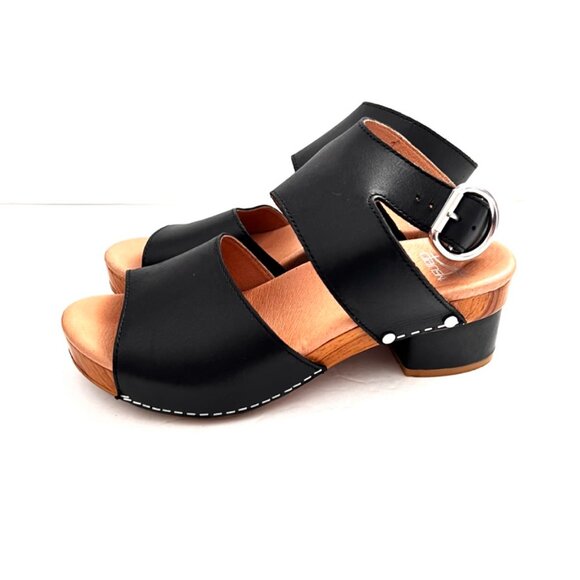 Dansko Minka Sandals Block Heel Ankle Strap Black Leather Clog - Picture 3 of 9